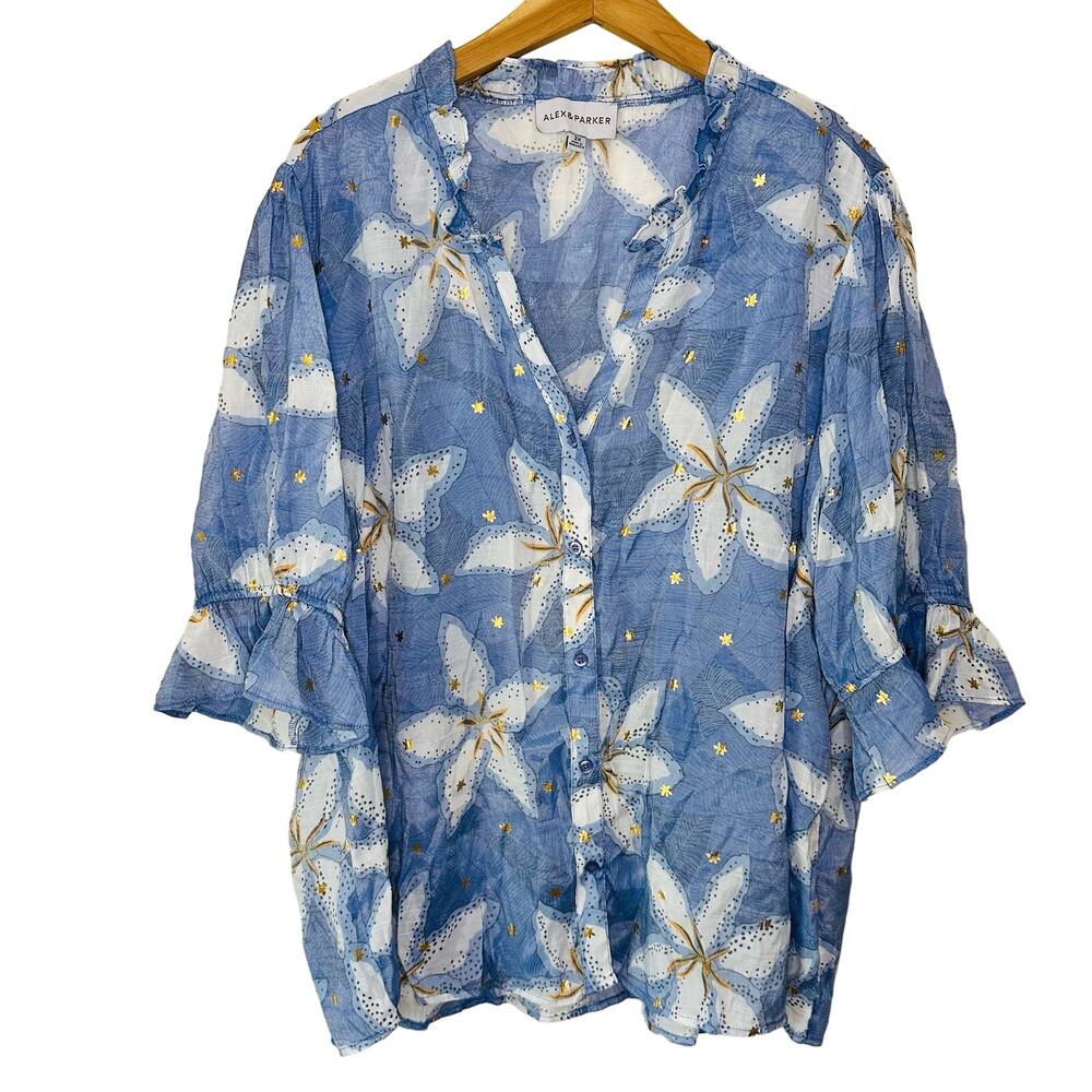 Alex & Parker Blue Gold Foiled Lily Sheer Ruffle Hem Short Sleeve Blouse Sz 3X
